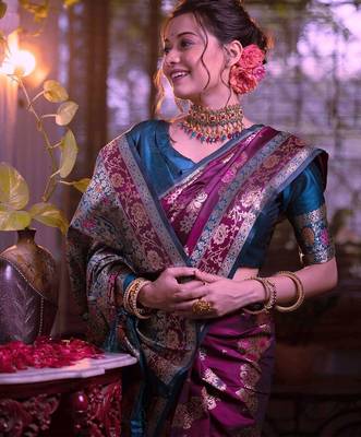 purple purple & blue ethnic motifs woven design zari banarasi saree 3