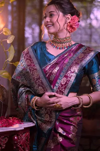 purple purple & blue ethnic motifs woven design zari banarasi saree