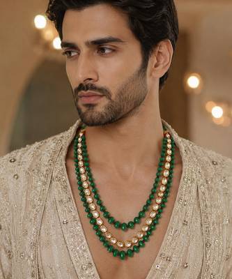 Gold plated layered kundan green beaded mala necklace 1