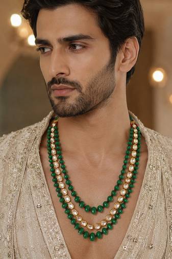 Gold plated layered kundan green beaded mala necklace