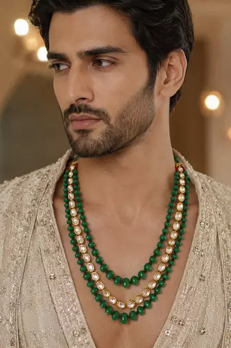 Gold plated layered kundan green beaded mala necklace