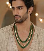 Gold plated layered kundan green beaded mala necklace
