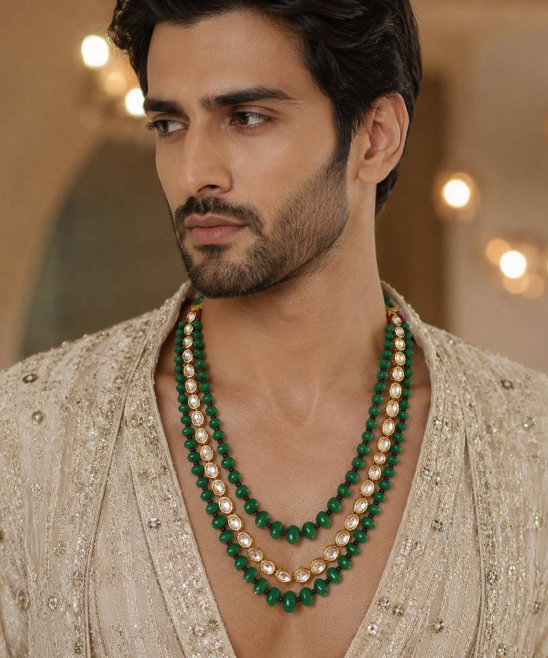 Gold plated layered kundan green beaded mala necklace