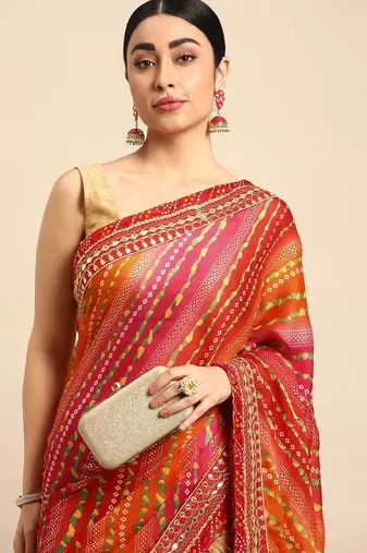 beige bandhani gotta patti pure chiffon saree