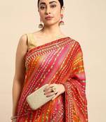 beige bandhani gotta patti pure chiffon saree