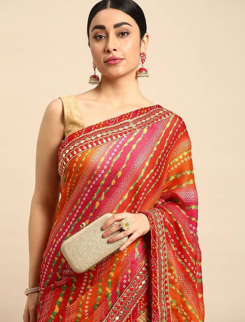 beige bandhani gotta patti pure chiffon saree