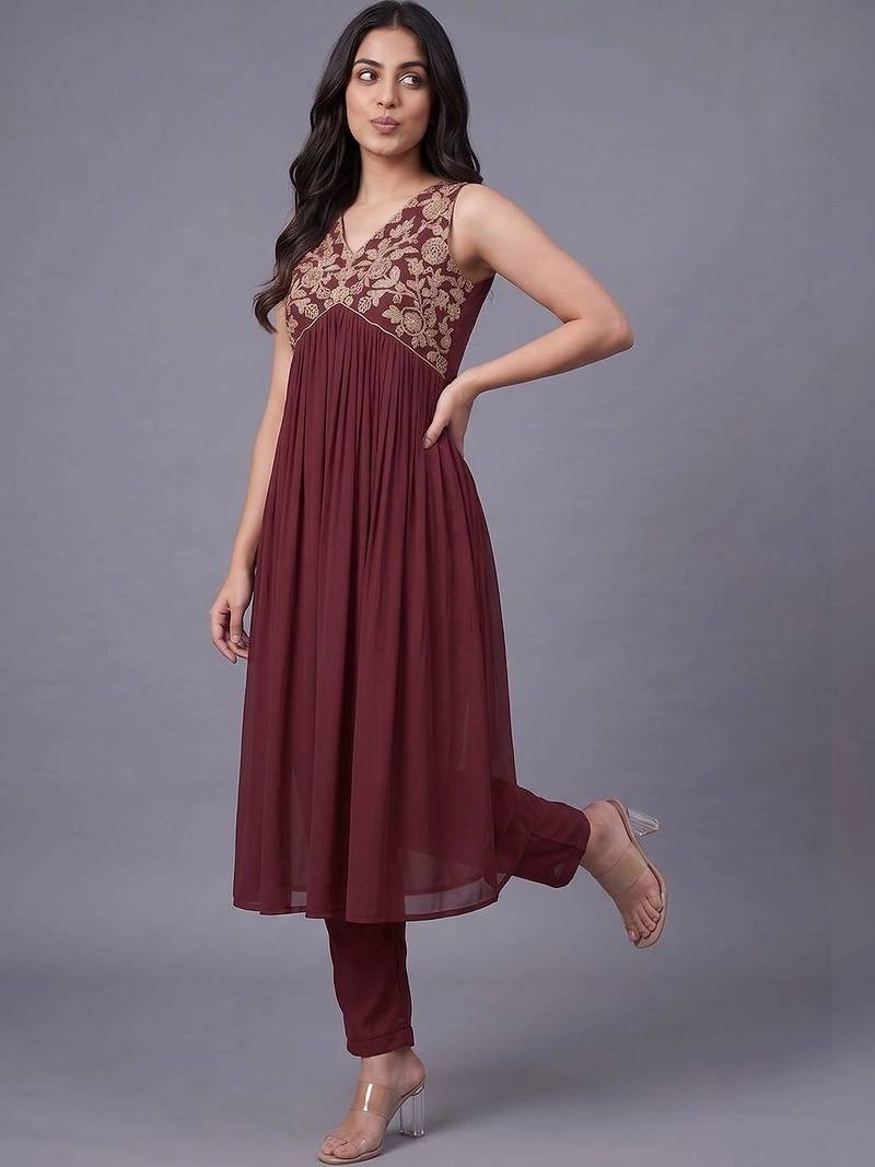 women ethnic motifs embroidered empire thread work kurta with trousers