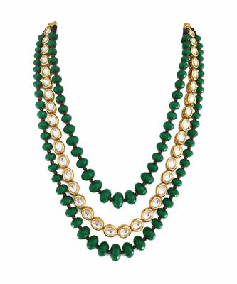 Gold plated layered kundan green beaded mala necklace 2