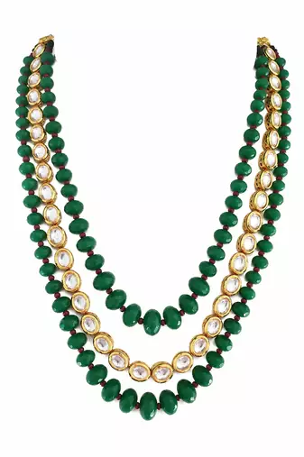 Gold plated layered kundan green beaded mala necklace