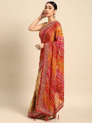 beige bandhani gotta patti pure chiffon saree 2
