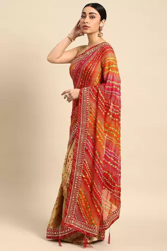 beige bandhani gotta patti pure chiffon saree