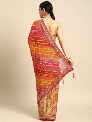 beige bandhani gotta patti pure chiffon saree 3