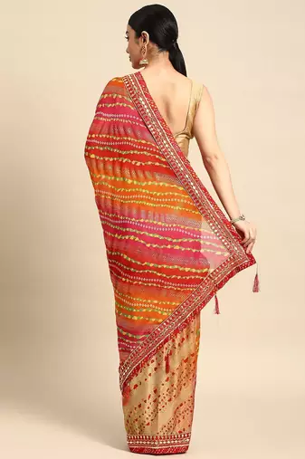 beige bandhani gotta patti pure chiffon saree
