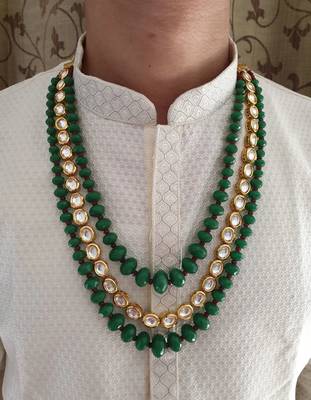 Gold plated layered kundan green beaded mala necklace 3