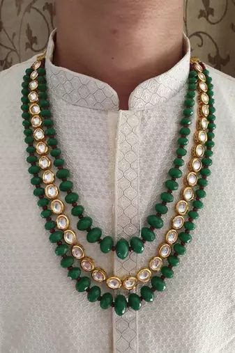 Gold plated layered kundan green beaded mala necklace