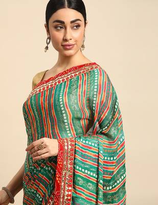turquoise bandhani gotta patti pure chiffon saree 1