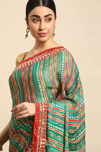 turquoise bandhani gotta patti pure chiffon saree