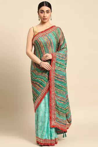 turquoise bandhani gotta patti pure chiffon saree