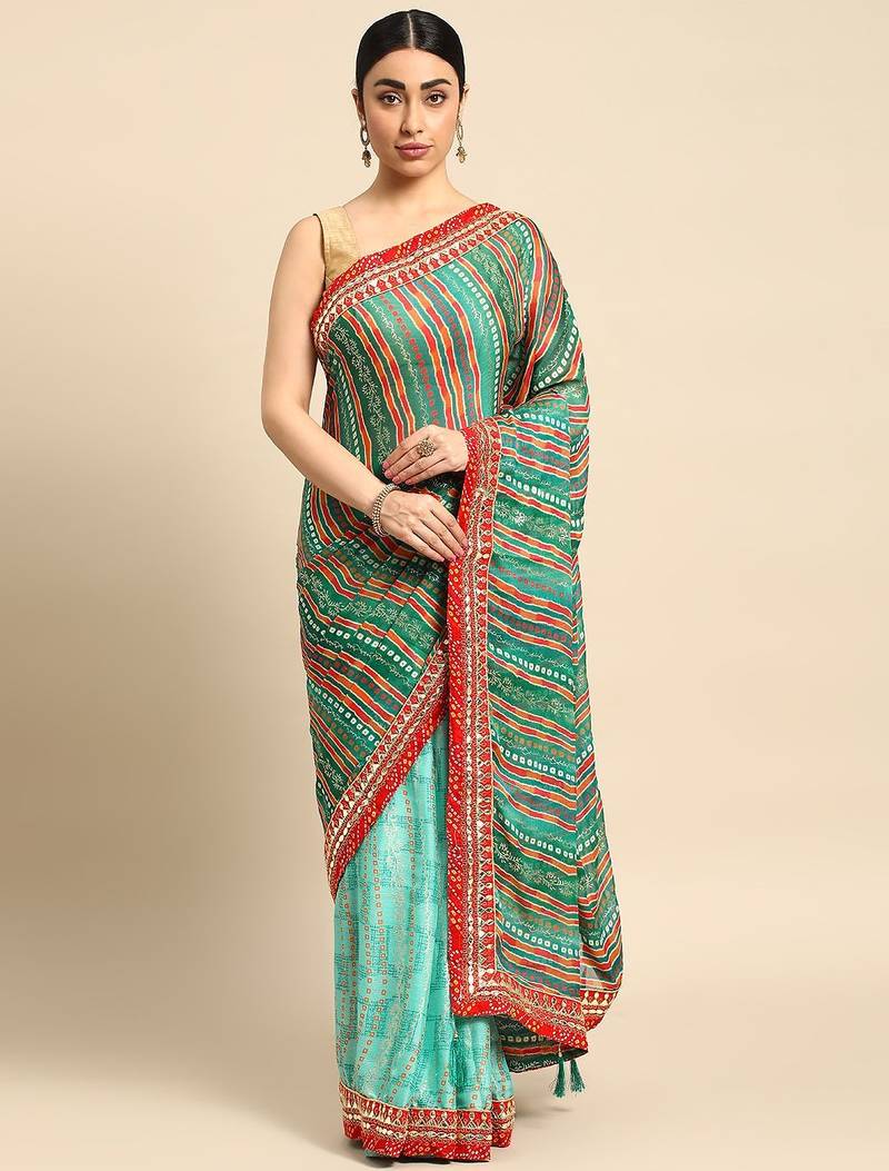 turquoise bandhani gotta patti pure chiffon saree
