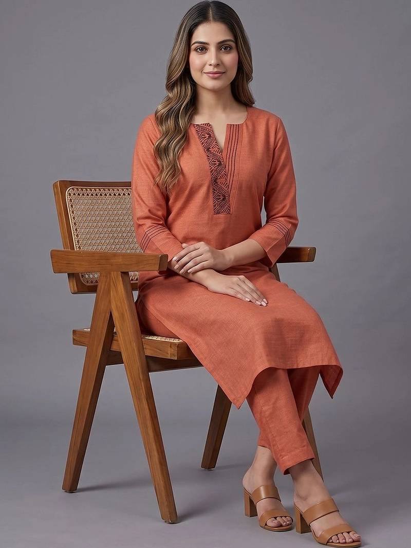 women ethnic motifs embroidered regular thread work kurta with trousers