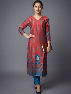 women ethnic motifs printed regular chanderi silk kurta with trousers 1