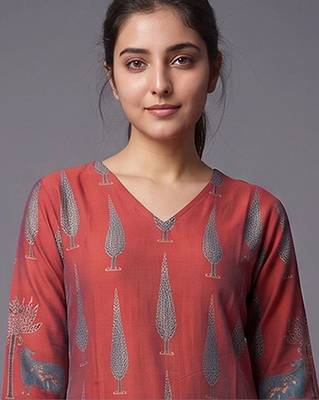 women ethnic motifs printed regular chanderi silk kurta with trousers 5
