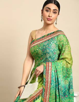 green bandhani gotta patti pure chiffon saree 1