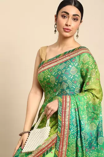 green bandhani gotta patti pure chiffon saree