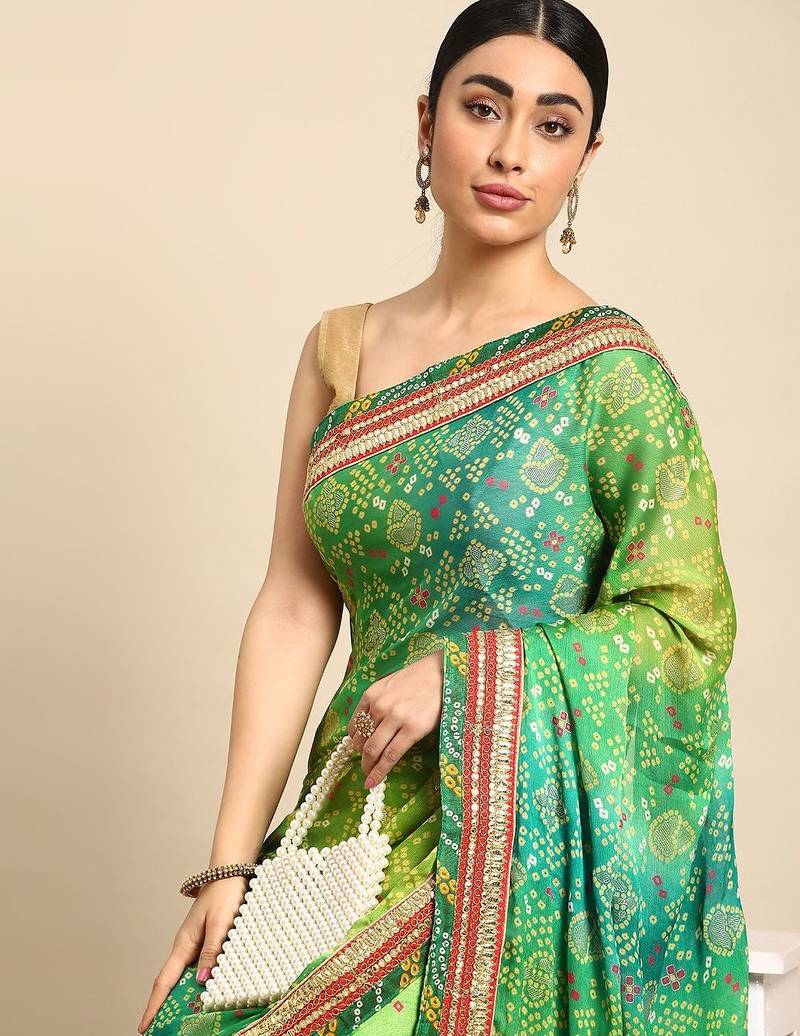 green bandhani gotta patti pure chiffon saree