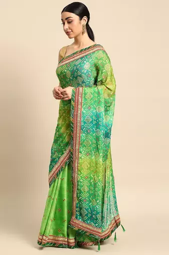 green bandhani gotta patti pure chiffon saree