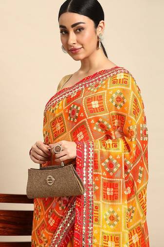 yellow bandhani gotta patti pure chiffon saree