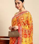 yellow bandhani gotta patti pure chiffon saree