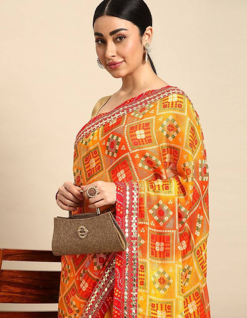 yellow bandhani gotta patti pure chiffon saree