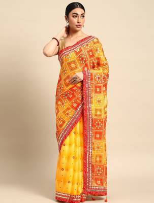 yellow bandhani gotta patti pure chiffon saree 2