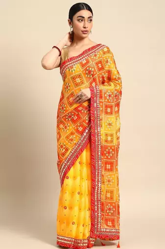 yellow bandhani gotta patti pure chiffon saree