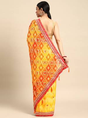 yellow bandhani gotta patti pure chiffon saree 3