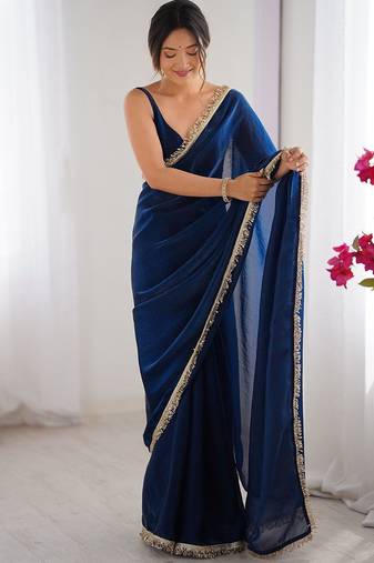 blue sequinned satin saree