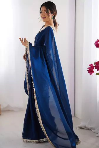 blue sequinned satin saree