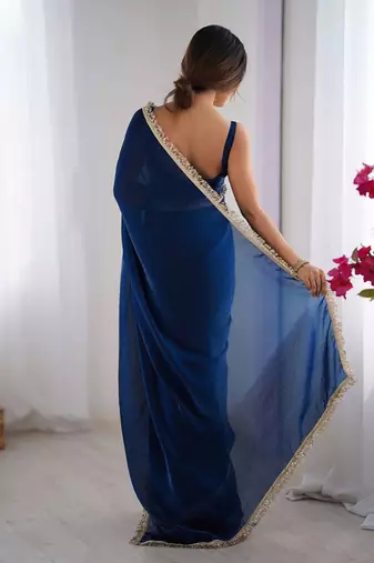 blue sequinned satin saree