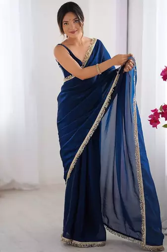 blue sequinned satin saree