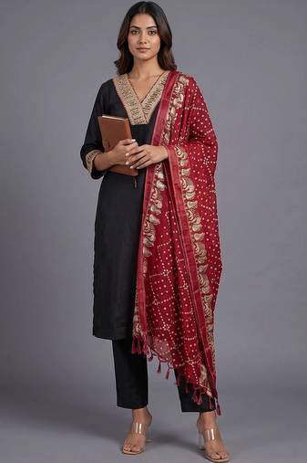 women ethnic motifs embroidered regular mirror work kurta with trousers & with dupatta