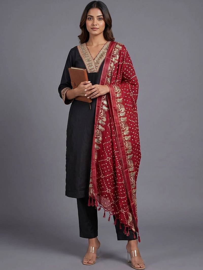 women ethnic motifs embroidered regular mirror work kurta with trousers & with dupatta