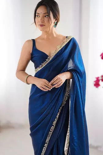 blue sequinned satin saree