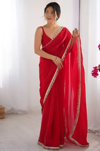 pink satin saree with blouse piece