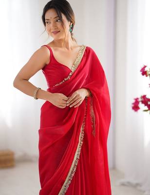pink satin saree with blouse piece 5
