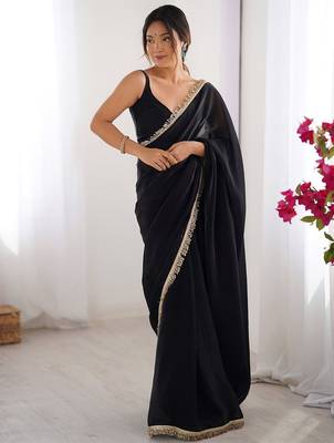 Black satin saree with blouse piece 1