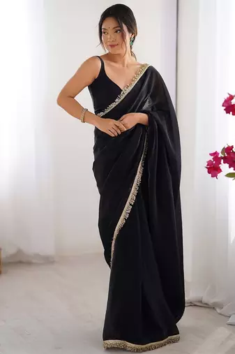 Black satin saree with blouse piece