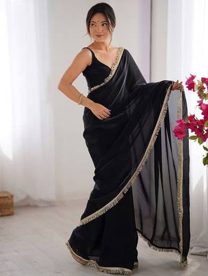 Black satin saree with blouse piece 2