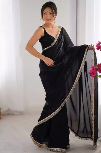 Black satin saree with blouse piece