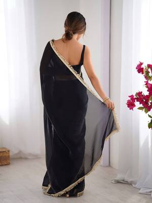 Black satin saree with blouse piece 3